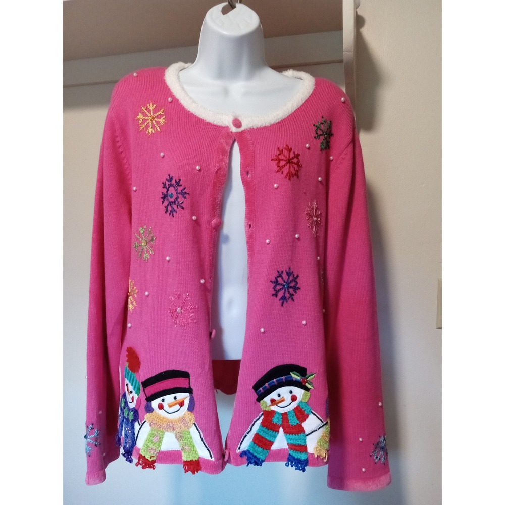Berek Pink Snowman Snowflake Holiday Cardigan Faux Fur Trim Faux Pearl Accent XL
